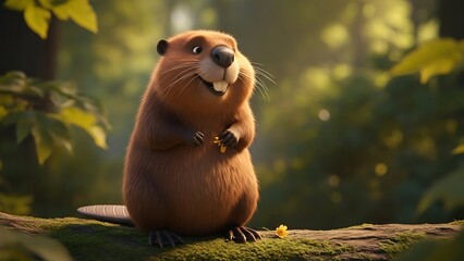 Obraz premium Marmot standing on a log in a forest with a piece of plant