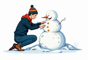 Young Individual Wearing Winter Attire Joyfully Constructs a Smiling Snowman with Wooden Arms and Carrot Nose in a Snow-Covered Landscape