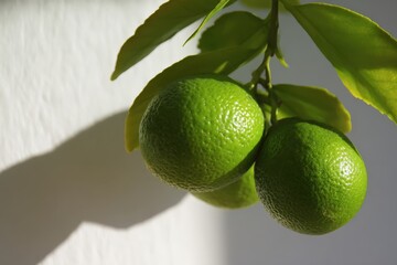 Vibrant green limes hanging on a branch with fresh leaves