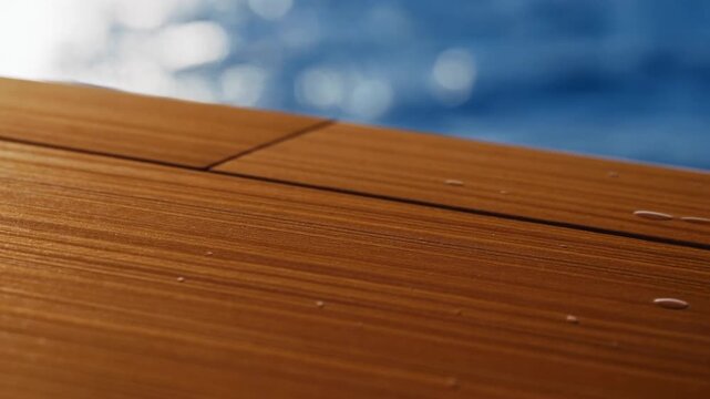 Extreme close-up of water droplets drying on the sun-warmed teak deck of a yacht, concept of sensory details and summer warmth