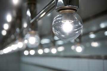 Close up of glass light bulbs with reflections and glowing light in modern setting