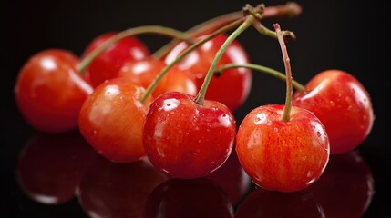 Fresh red cherries with green stems on black surface