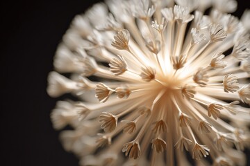 Close up of delicate white flower structure on dark background