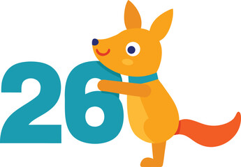 Obraz premium Cartoon fox holding number 26 isolated on transparent background