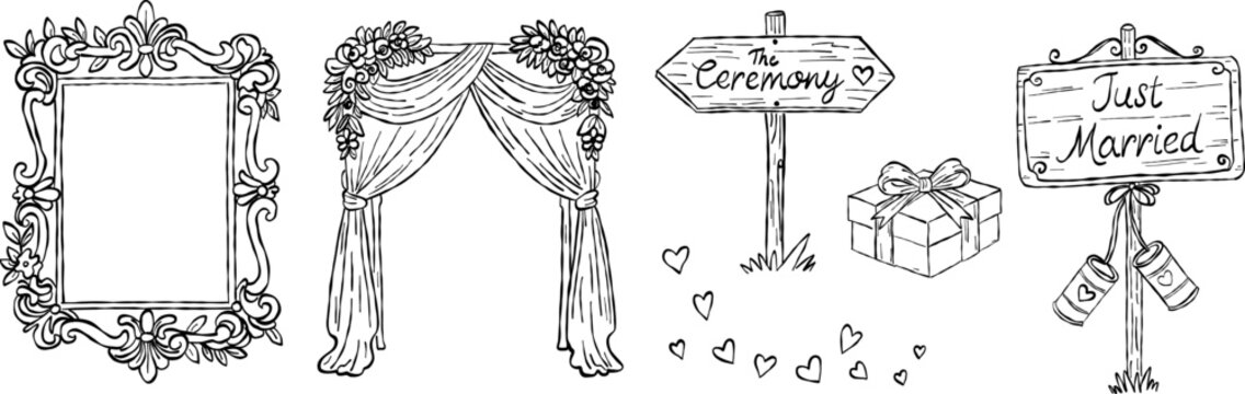 Wedding ceremony arch and rustic wooden signs hand drawn doodle vector, vintage ornate frame and just married sign sketch illustration