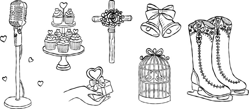 Vintage microphone and wedding bells valentine hand drawn doodle vector, romantic cupcakes and ice skates sketch illustration, love gift elements