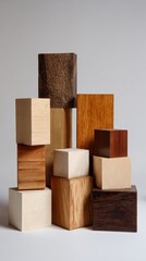 Assorted wooden blocks stacked in artistic arrangement for design and crafting projects