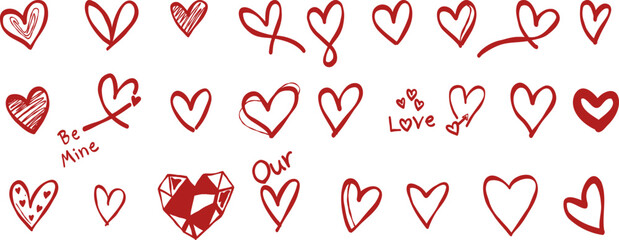 Red heart brush stroke collection valentine hand drawn doodle vector, cute love symbol sketch illustration for wedding, minimalist romantic decorative elements © abcvector
