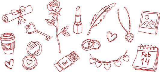 Red lipstick and jewelry necklace valentine hand drawn doodle vector, romantic chocolate and rose sketch illustration, minimalist love beauty elements