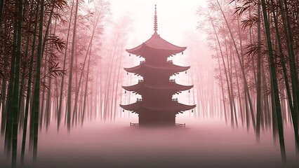 Misty Forest with Ancient Pagoda Temple.