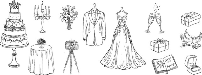 Tiered wedding cake and elegant bridal gown valentine hand drawn doodle vector, romantic banquet table sketch illustration, minimalist love celebration elements