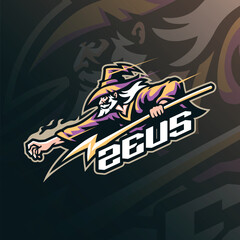 Zeus mascot logo design vector. Zeus illustration with stick in hand.
