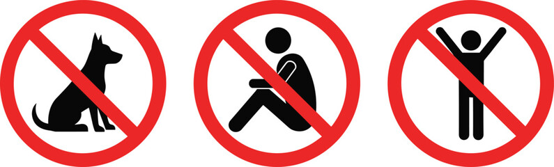 Set of Prohibition Signs, Including No Dogs Allowed, No Sitting or Loitering, and No Cheering or Jumping, Warning Icons with Red Circle and Diagonal Line for Public Safety