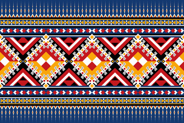 Traditional ethnic geometric textile pattern, tribal fabric design, symmetrical diamond and zigzag shapes, seamless repeating pattern, bold black outlines, deep blue background with red, yellow.