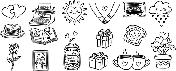 Romantic typewriter and pancake valentine hand drawn doodle vector, cute love story book sketch illustration, minimalist heart toast and gift box for wedding