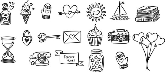 Retro camera and hourglass valentine hand drawn doodle vector, cute romantic sun and boat sketch illustration, minimalist love elements for memory album vector