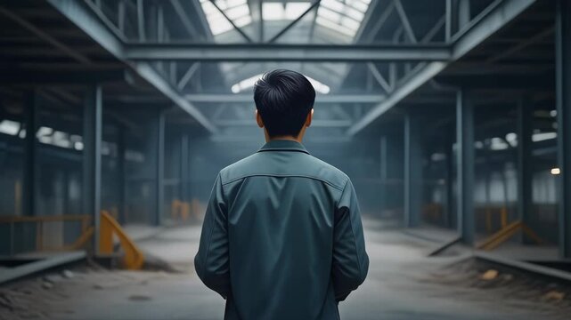 A lone person stands in a vast, empty industrial facility, looking ahead into the unknown. This symbolizes contemplation, future business, new opportunities, and large scale.