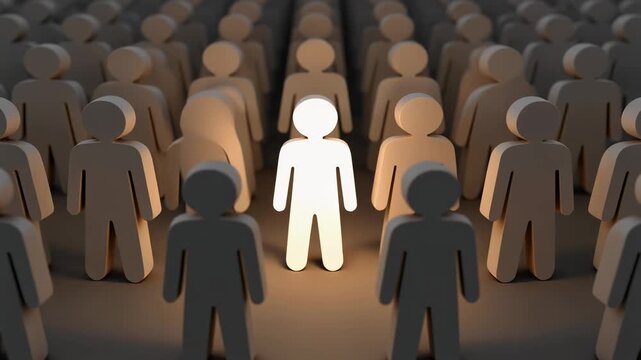 A single person illuminated amongst a large crowd of grey generic figures emphasizing uniqueness individuality leadership and standing out from the anonymous group representing talent