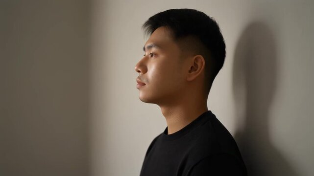 A thoughtful young adult Asian man in profile against a minimalist background, showcasing a contemplative expression and serene presence in a studio portrait setting.