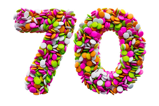 Colorful sugar beans 70 or Seventy isolated on white background. 3d illustration
