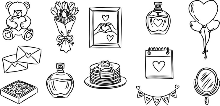 Teddy bear and pancake stack valentine hand drawn doodle vector, cute romantic perfume sketch illustration, minimalist love elements for greeting card decor
