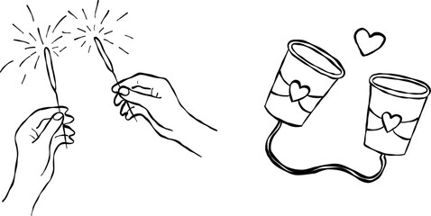 Hands holding lit wedding sparklers and tin can phone hand drawn doodle vector, romantic couple celebration and communication sketch illustration