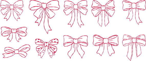 Decorative ribbon bows collection hand drawn doodle vector, romantic valentine dotted and silk bows sketch illustration, love gift elements