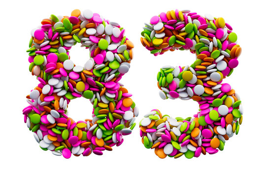Colorful sugar beans 83 or Eighty Three isolated on white background. 3d illustration