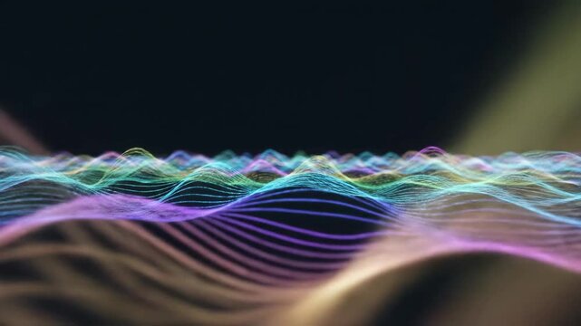 Vibrant digital waveforms flow through a dark background, illustrating motion and energy for modern tech, science, and digital themes in a sleek, colorful visual sequence.