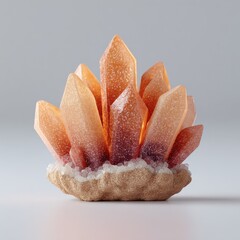 Orange crystals atop a textured base, against pale grey