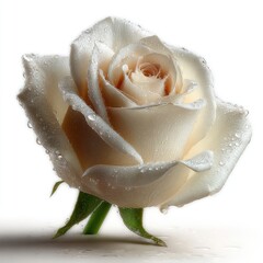 Soft cream rose with water droplets, isolated on white