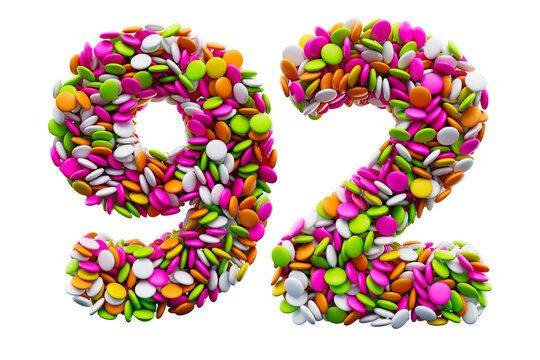 Colorful sugar beans 92 or Ninety Two isolated on white background. 3d illustration