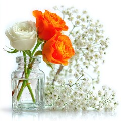 Roses and baby's breath in glass. Simple, bright, floral