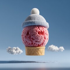 Ice cream cone in beanie floats in a sky