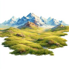 Mountainous grassy landscape with snow peaks in distance