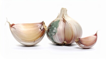 Garlic bulbs showing different stages of freshness and decay on a white background in a kitchen setting
