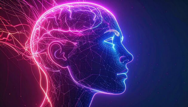 Abstract Digital Head Profile in Pink and Blue Neon - Powered by Adobe