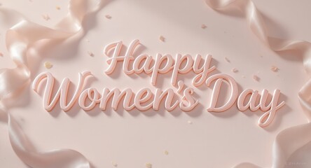 3D text Happy Women&rsquo;s Day with pink ribbons and soft background  