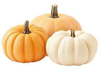 Fototapeta premium A Beautiful Display of Three Pumpkins in Varying Shades of Orange and White Perfect for Autumn and Seasonal Decor, png, isolated on transparent background