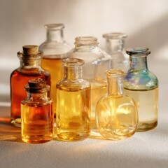 Collection of vintage glass bottles filled with colorful liquids in soft natural light