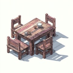 Wooden table & four seats, dishes set, isometric view