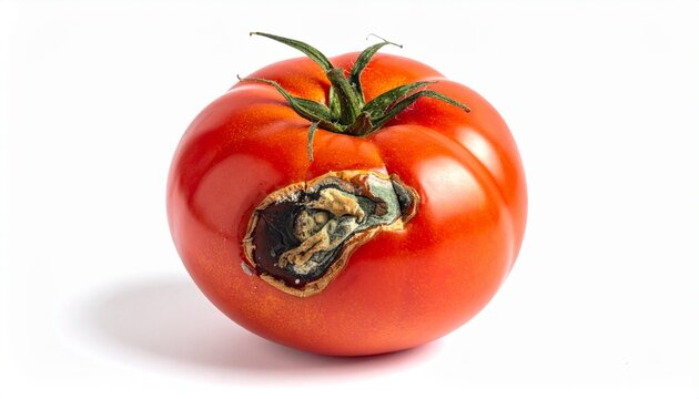 Tomato showing signs of rot with dark spots and decay on a white background