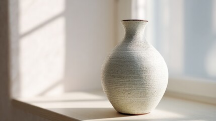 Elegant ceramic vase on sunlit windowsill with subtle textures and shadows