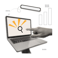 Halftone collage hand pointing at a search bar on a vintage laptop screen online search discovery,growth chart,cut out elements for collage
