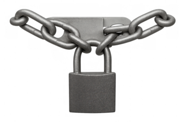 Padlock and metal chain securing, showing protection, safety, and access restriction on transparent background