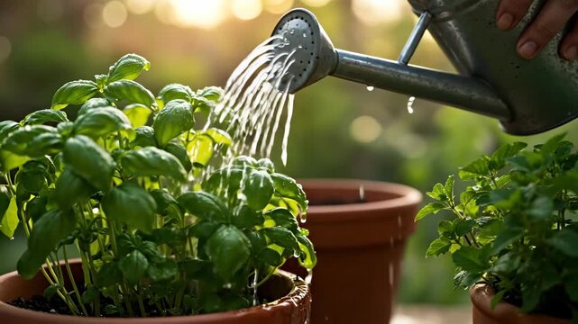 Close-up of watering fresh green basil herbs in terracotta pots. Gardener pouring water from a metal can at sunset. Home gardening and growth concept