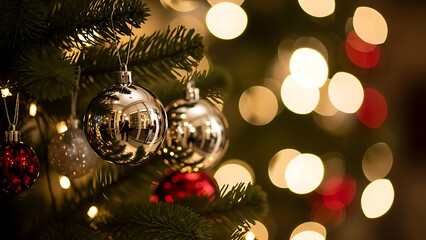 Christmas tree branch with shimmering silver and red ornaments, softly lit by warm, blurry bokeh lights, creating a magical, cozy, and festive holiday atmosphere