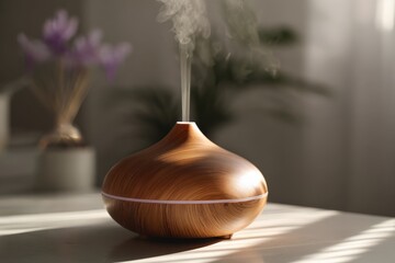 Elegant wooden essential oil diffuser in natural light creating calming atmosphere