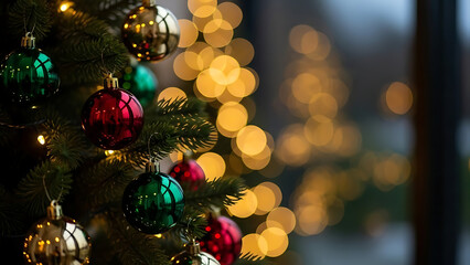 Close-up of a decorated Christmas tree with red and green baubles and bokeh lights in the background, evoking a festive holiday atmosphere