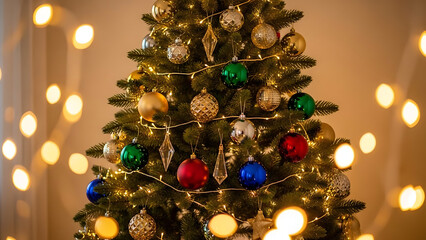 A beautifully adorned Christmas tree shimmering with an array of colorful glass baubles and twinkling fairy lights, casting a warm glow during the festive holiday season